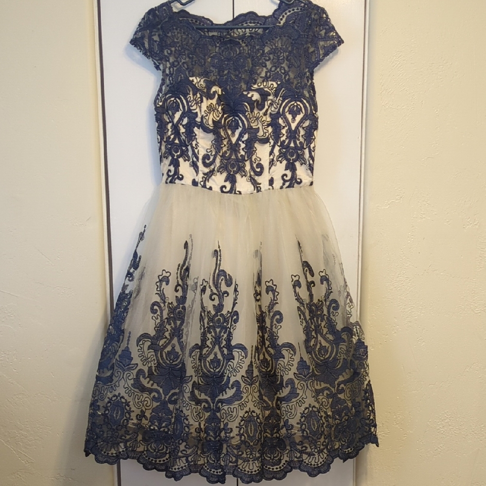 Chi Chi London Blue and Cream A-line Formal Dress